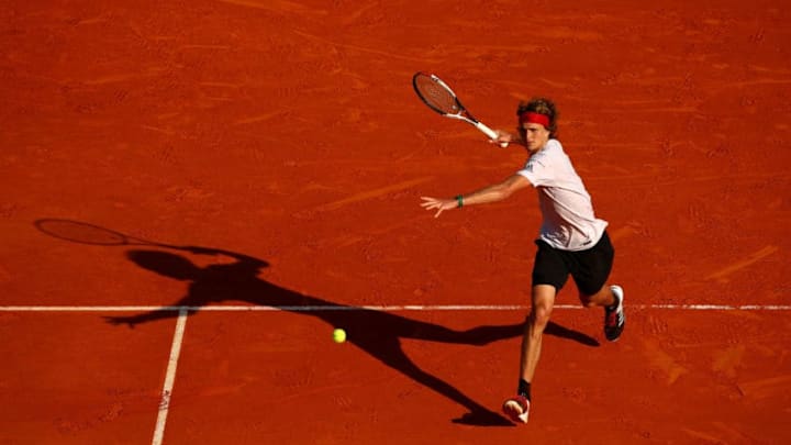 MONTE-CARLO, MONACO - APRIL 21: Alexander Zverev of Germany in action against Kei Nishikori of Japan during day seven of the ATP Masters Series Monte Carlo Rolex Masters at Monte-Carlo Sporting Club on April 21, 2018 in Monte-Carlo, Monaco. (Photo by Julian Finney/Getty Images)