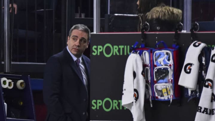 LAVAL, QC - DECEMBER 17: Head coach of the Laval Rocket Joel Bouchard looks on as he walks off the bench against the Rockford IceHogs at the end of the second period at Place Bell on December 17, 2019 in Laval, Canada. The Rockford IceHogs defeated the Laval Rocket 3-2 in the shoot-out. (Photo by Minas Panagiotakis/Getty Images)