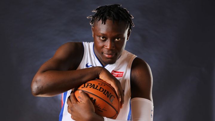 AUBURN HILLS, MICHIGAN – SEPTEMBER 30: Sekou Doumbouya #45 of the Detroit Pistons poses for a portrait during the Detroit Pistons Media Day at Pistons Practice Facility on September 30, 2019 in Auburn Hills, Michigan. NOTE TO USER: User expressly acknowledges and agrees that, by downloading and/or using this photograph, user is consenting to the terms and conditions of the Getty Images License Agreement. (Photo by Gregory Shamus/Getty Images)