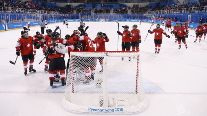 GANGNEUNG, SOUTH KOREA - FEBRUARY 12: Team Switzerland celebrates defeating Team Japan 3-1 in the Women's Ice Hockey Preliminary Round - Group B game on day three of the PyeongChang 2018 Winter Olympic Games at Kwandong Hockey Centre on February 12, 2018 in Gangneung, South Korea. (Photo by Bruce Bennett/Getty Images)