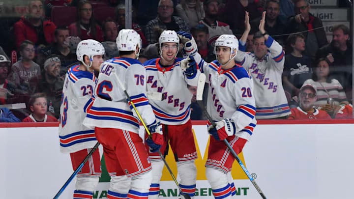 MONTREAL, QC - NOVEMBER 23: Filip Chytil #72 of the New York Rangers celebrates with teammates after scoring a goal against the Montreal Canadiens in the NHL game at the Bell Centre on November 23, 2019 in Montreal, Quebec, Canada. (Photo by Francois Lacasse/NHLI via Getty Images)