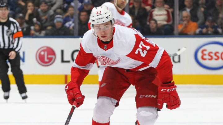 TORONTO, ON - DECEMBER 23: Michael Rasmussen #27 of the Detroit Red Wings skates against the Toronto Maple Leafs during an NHL game at Scotiabank Arena on December 23, 2018 in Toronto, Ontario, Canada. The Maple Leafs defeated the Red Wings 5-4 in overtime. (Photo by Claus Andersen/Getty Images)