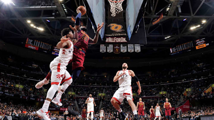 CLEVELAND, OH - MARCH 21: LeBron James #23 of the Cleveland Cavaliers goes to the basket against the Toronto Raptors on March 21, 2018 at Quicken Loans Arena in Cleveland, Ohio. NOTE TO USER: User expressly acknowledges and agrees that, by downloading and/or using this Photograph, user is consenting to the terms and conditions of the Getty Images License Agreement. Mandatory Copyright Notice: Copyright 2018 NBAE (Photo by David Liam Kyle/NBAE via Getty Images)