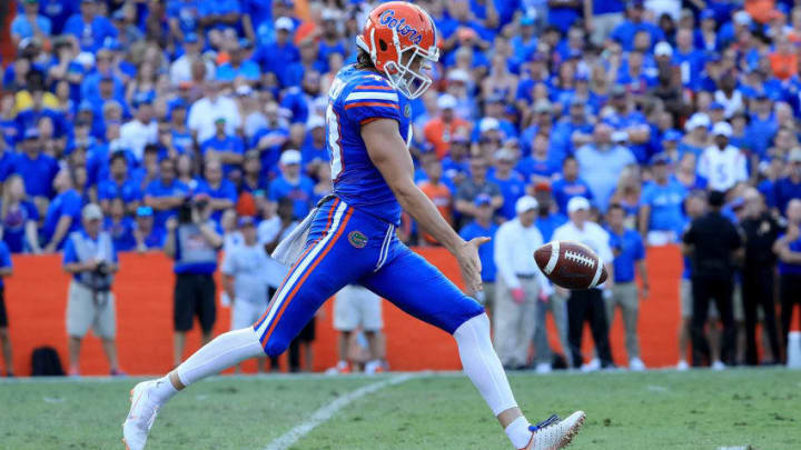 GAINESVILLE, FL - OCTOBER 06: Tommy Townsend #43 of the Florida Gators punts during the game against the LSU Tigers at Ben Hill Griffin Stadium on October 6, 2018 in Gainesville, Florida. (Photo by Sam Greenwood/Getty Images)