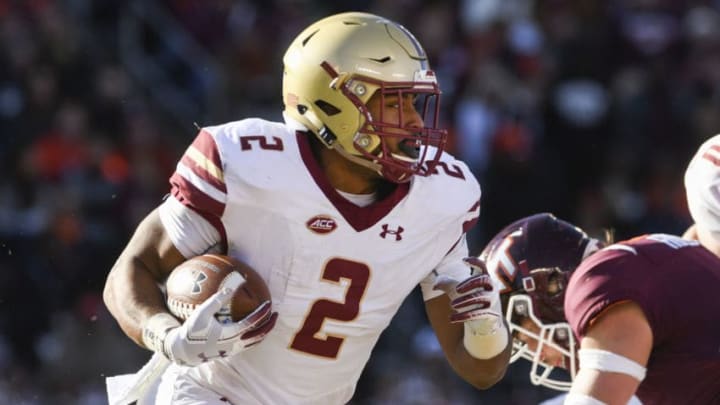 BLACKSBURG, VA - NOVEMBER 3: Running back AJ Dillon #2 of the Boston College Eagles carries the ball against the Virginia Tech Hokies in the first half at Lane Stadium on November 3, 2018 in Blacksburg, Virginia. (Photo by Michael Shroyer/Getty Images)