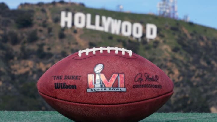Jan 30, 2022; Los Angeles, California, USA; A NFL Wilson official Duke football with Super Bowl LVI logo is seen at the Hollywood sign. The Cincinnati Bengals will play the Los Angeles Rams in Super Bowl 56 at SoFi Stadium on Feb. 13, 2022. Mandatory Credit: Kirby Lee-USA TODAY Sports