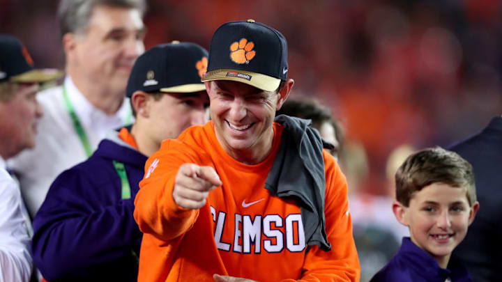 TAMPA, FL - JANUARY 09: Head coach Dabo Swinney of the Clemson Tigers reacts after defeating the Alabama Crimson Tide 35-31 to win the 2017 College Football Playoff National Championship Game at Raymond James Stadium on January 9, 2017 in Tampa, Florida. (Photo by Tom Pennington/Getty Images)