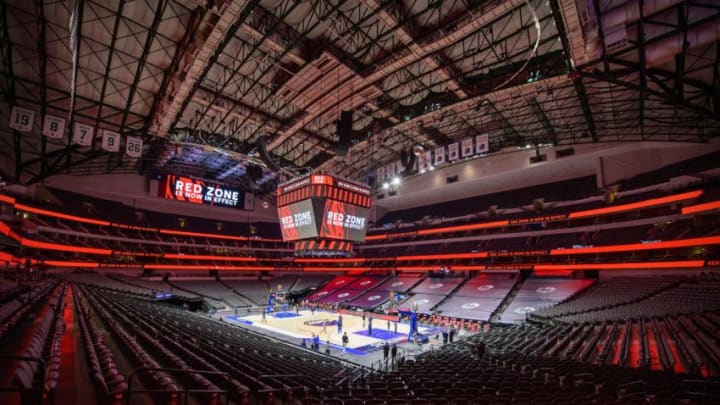 Dec 17, 2020; Dallas, Texas, USA; A view of the arena and the empty seats and the Mavericks logo and the NBA Red Zone signage as the Dallas Mavericks and the Minnesota Timberwolves warm up before the game at the American Airlines Center. Mandatory Credit: Jerome Miron-USA TODAY Sports
