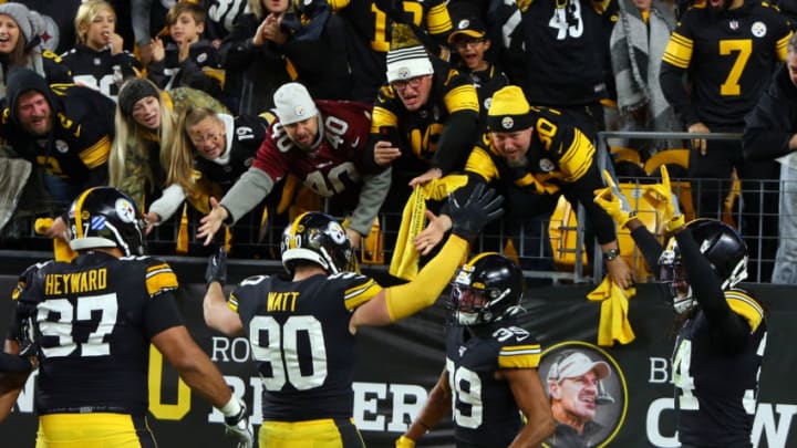 PITTSBURGH, PA - NOVEMBER 10: Minkah Fitzpatrick #39 of the Pittsburgh Steelers celebrates with T.J. Watt #90 after recovering a fumble for a 43 yard touchdown in the first half against the Los Angeles Rams on November 10, 2019 at Heinz Field in Pittsburgh, Pennsylvania. (Photo by Justin K. Aller/Getty Images)