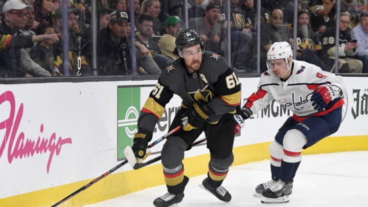 LAS VEGAS, NEVADA - FEBRUARY 17: Mark Stone #61 of the Vegas Golden Knights skates with the puck against Dmitry Orlov #9 of the Washington Capitals in the second period of their game at T-Mobile Arena on February 17, 2020 in Las Vegas, Nevada. (Photo by Ethan Miller/Getty Images)