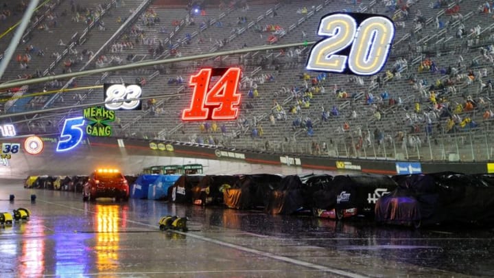 Aug 20, 2016; Bristol, TN, USA; General view during a rain delay at the NASCAR Bass Pro Shops NRA Night Race at Bristol Motor Speedway. Mandatory Credit: Randy Sartin-USA TODAY Sports