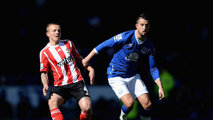 LIVERPOOL, ENGLAND – APRIL 16: Kevin Mirallas of Everton and Jordy Clasie of Southampton in action during the Barclays Premier League match between Everton and Southampton at Goodison Park on April 16, 2016 in Liverpool, England. (Photo by Gareth Copley/Getty Images)