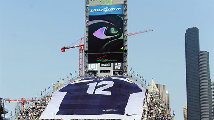 Sep 16, 2012; Seattle, WA, USA; A 12th Man tiff is displayed prior to the first kickoff between the Seattle Seahawks and the Dallas Cowboys at CenturyLink Field. Mandatory Credit: Steven Bisig-USA TODAY Sports