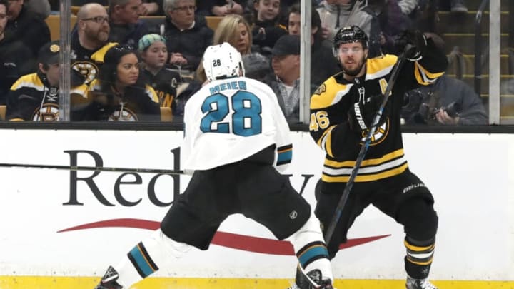 BOSTON, MA - FEBRUARY 26: Boston Bruins center David Krejci (46) braces for the hit from San Jose Sharks left wing Timo Meier (28) during a game between the Boston Bruins and the San Jose Sharks on February 26, 2019, at TD Garden in Boston, Massachusetts. (Photo by Fred Kfoury III/Icon Sportswire via Getty Images)