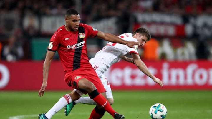 LEVERKUSEN, GERMANY - APRIL 17: Jonathan Tah (L) of Lerverkusen and Thomas Mueller of Bayern battle for the ball during the DFB Cup semi final match between Bayer 04 Leverkusen and Bayern Munchen at BayArena on April 17, 2018 in Leverkusen, Germany. (Photo by Alex Grimm/Bongarts/Getty Images) LEVERKUSEN, GERMANY - APRIL 17: Jonathan Tah (L) of Lerverkusen and Thomas Mueller of Bayern battle for the ball during the DFB Cup semi final match between Bayer 04 Leverkusen and Bayern Munchen at BayArena on April 17, 2018 in Leverkusen, Germany. (Photo by Alex Grimm/Bongarts/Getty Images)