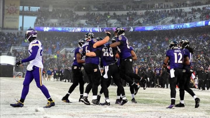 Dec 8, 2013; Baltimore, MD, USA; Baltimore Ravens players celebrate after tight end Dennis Pitta (88) scores a touchdown in the fourth quarter against the Minnesota Vikings at M