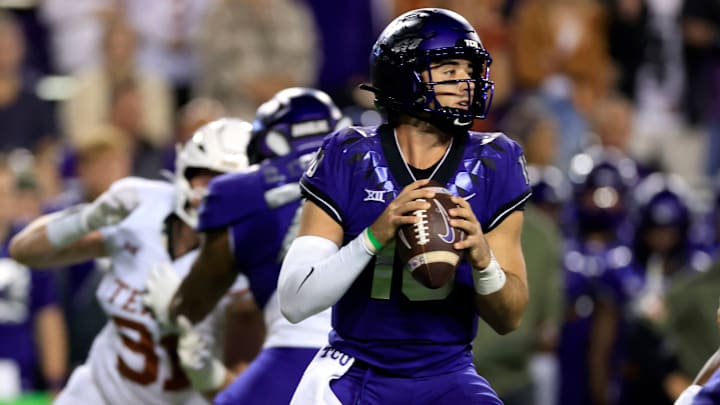 FORT WORTH, TX – NOVEMBER 11: Josh Hoover #10 of the TCU Horned Frogs looks to throw against the Texas Longhorns during the first half at Amon G. Carter Stadium on November 11, 2023 in Fort Worth, Texas. (Photo by Ron Jenkins/Getty Images)