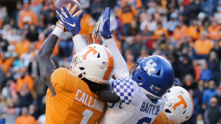 KNOXVILLE, TN – NOVEMBER 10: Marquez Callaway #1 of the Tennessee Volunteers catches a last second pass over Derrick Baity Jr. #8 of the Kentucky Wildcatsduring the first half of the game between the Kentucky Wildcats and the Tennessee Volunteers at Neyland Stadium on November 10, 2018 in Knoxville, Tennessee. (Photo by Donald Page/Getty Images)