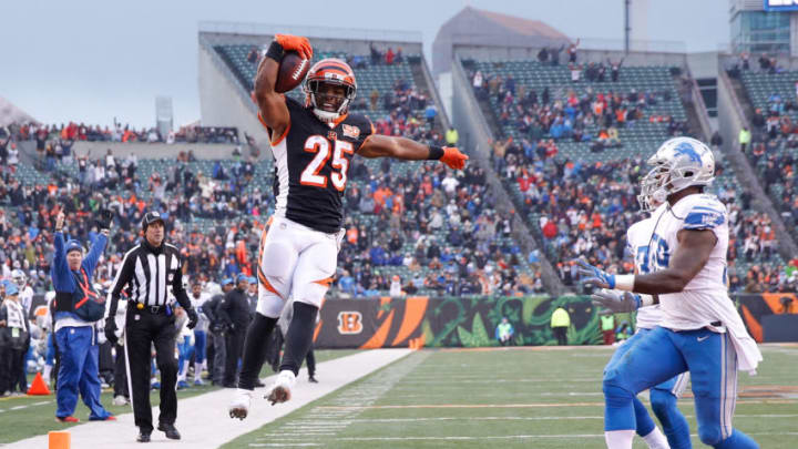 CINCINNATI, OH - DECEMBER 24: Giovani Bernard #25 of the Cincinnati Bengals jumps into the endzone for a touchdown against the Detroit Lions during the second half at Paul Brown Stadium on December 24, 2017 in Cincinnati, Ohio. (Photo by Joe Robbins/Getty Images)