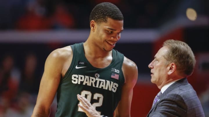CHAMPAIGN, IL - JANUARY 22: Miles Bridges #22 talks with Head coach Tom Izzo of the Michigan State Spartans late in the game against the Illinois Fighting Illini at State Farm Center on January 22, 2018 in Champaign, Illinois. (Photo by Michael Hickey/Getty Images)