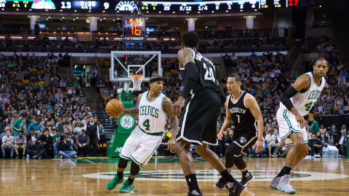 BOSTON, MA – APRIL 10: Isaiah Thomas #4 of the Boston Celtics dribbles the ball against the Brooklyn Nets on April 10, 2017 at the TD Garden in Boston, Massachusetts. NOTE TO USER: User expressly acknowledges and agrees that, by downloading and or using this photograph, User is consenting to the terms and conditions of the Getty Images License Agreement. Mandatory Copyright Notice: Copyright 2017 NBAE (Photo by Chris Marion/NBAE via Getty Images)