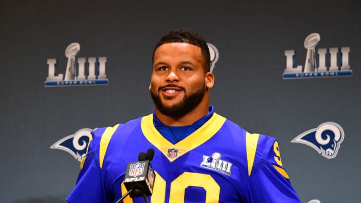ATLANTA, GA - JANUARY 31: Aaron Donald #99 of the Los Angeles Rams answers a question during Rams media availability for Super Bowl LIII at the Marriott Atlanta Buckhead on January 31, 2019 in Atlanta, Georgia. (Photo by Scott Cunningham/Getty Images)