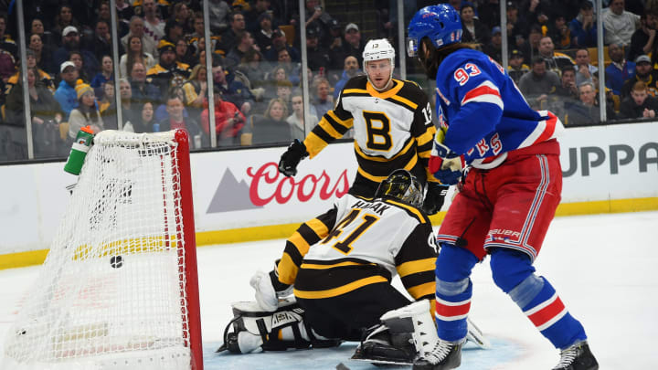 BOSTON, MA – MARCH 27: Mika Zibanejad #93 of the New York Rangers scores against Jaroslav Halak and Charlie Coyle #13 of the Boston Bruins at the TD Garden on March 27, 2019 in Boston, Massachusetts. (Photo by Steve Babineau/NHLI via Getty Images)