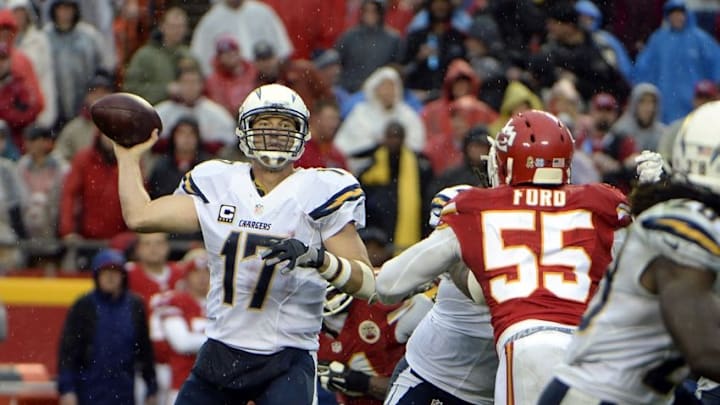 Dec 13, 2015; Kansas City, MO, USA; San Diego Chargers quarterback Philip Rivers (17) throws a pass under pressure from Kansas City Chiefs linebacker Dee Ford (55) in the second half at Arrowhead Stadium. Kansas City won the game 10-3. Mandatory Credit: John Rieger-USA TODAY Sports