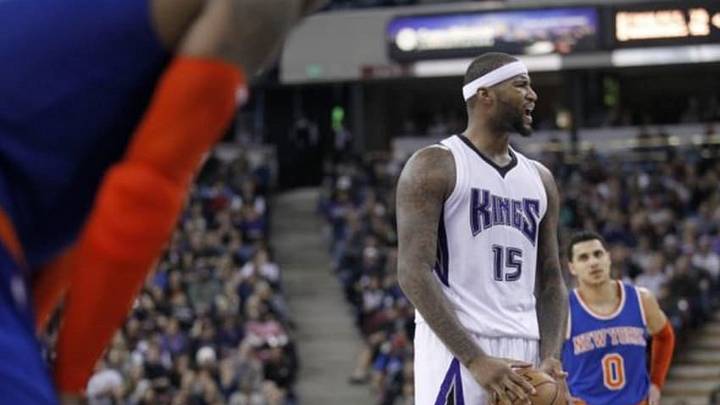 Dec 27, 2014; Sacramento, CA, USA; Sacramento Kings center DeMarcus Cousins (15) yells at New York Knicks guard Tim Hardaway Jr. (not pictured) from the court in overtime at Sleep Train Arena. The Kings won 135-129 in overtime. Mandatory Credit: Cary Edmondson-USA TODAY Sports Dec 27, 2014; Sacramento, CA, USA; Sacramento Kings center DeMarcus Cousins (15) yells at New York Knicks guard Tim Hardaway Jr. (not pictured) from the court in overtime at Sleep Train Arena. The Kings won 135-129 in overtime. Mandatory Credit: Cary Edmondson-USA TODAY Sports