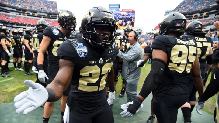 Dec 30, 2021; Nashville, TN, USA; Purdue Boilermakers running back King Doerue (22) takes the field before the game against the Tennessee Volunteers during the 2021 Music City Bowl at Nissan Stadium. Mandatory Credit: Christopher Hanewinckel-USA TODAY Sports