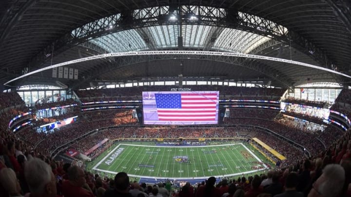 Sep 3, 2016; Arlington, TX, USA; General view of AT&T Stadium during the playing of the National Anthem before an NCAA football game between the USC Trojans and the Alabama Crimson Tide at AT&T Stadium. Alabama defeated USC 52-6. Mandatory Credit: Kirby Lee-USA TODAY Sports