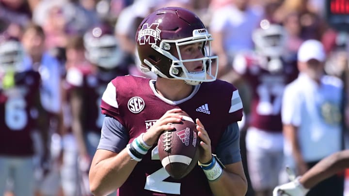 Sep 25, 2021; Starkville, Mississippi, USA; Mississippi State Bulldogs quarterback Will Rogers (2) looks to pass against the LSU Tigers during the fourth quarter at Davis Wade Stadium at Scott Field. Mandatory Credit: Matt Bush-USA TODAY Sports