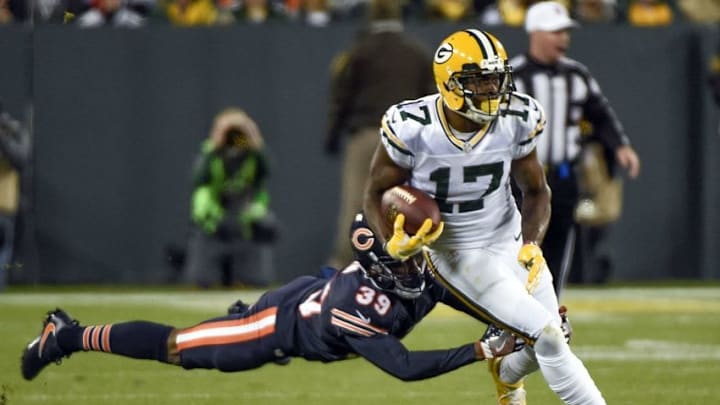Oct 20, 2016; Green Bay, WI, USA; Green Bay Packers wide receiver Davante Adams (17) is tackled by Chicago Bears cornerback Jacoby Glenn (39) in the third quarter at Lambeau Field. Mandatory Credit: Benny Sieu-USA TODAY Sports