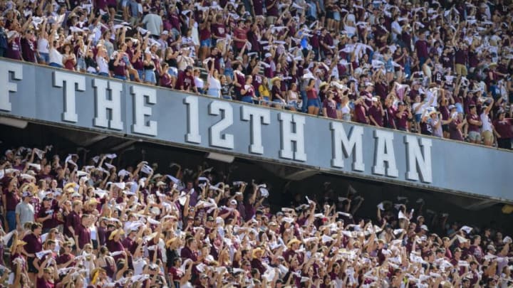 Sep 18, 2021; College Station, Texas, USA; A view of the stands and the fans and the 12th Man logo during the first half of the game between the Texas A&M Aggies and the New Mexico Lobos at Kyle Field. Mandatory Credit: Jerome Miron-USA TODAY Sports