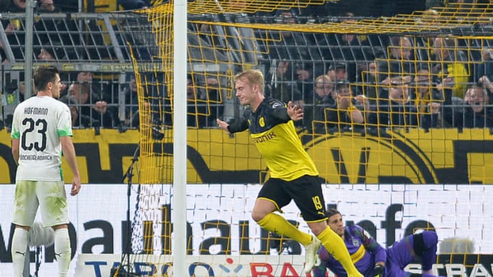 DORTMUND, GERMANY – OCTOBER 30: Julian Brandt of Borussia Dortmund celebrates after scoring his teams second goal during the DFB Cup second round match between Borussia Dortmund and Borussia Moenchengladbach at Signal Iduna Park on October 30, 2019 in Dortmund, Germany. (Photo by TF-Images/Getty Images)