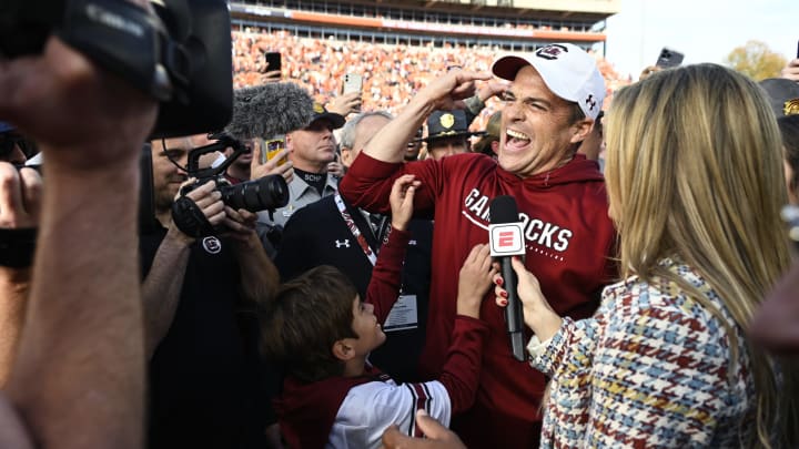 CLEMSON, SOUTH CAROLINA – NOVEMBER 26: Head coach Shane Beamer of the South Carolina Gamecocks celebrates after defeating the Clemson Tigers at Memorial Stadium on November 26, 2022 in Clemson, South Carolina. (Photo by Eakin Howard/Getty Images)