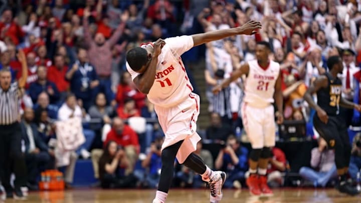 Mar 5, 2016; Dayton, OH, USA; Dayton Flyers guard Scoochie Smith (11) dabs after making a three point basket against the Virginia Commonwealth Rams in the first half at the University of Dayton Arena. Mandatory Credit: Aaron Doster-USA TODAY Sports