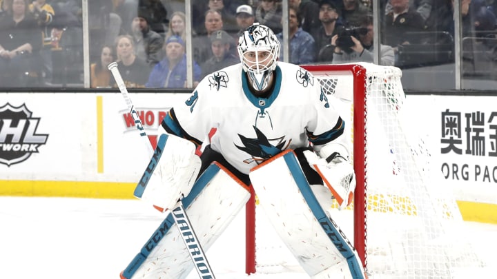 BOSTON, MA - FEBRUARY 26: San Jose Sharks goalie Martin Jones (31) watches play during a game between the Boston Bruins and the San Jose Sharks on February 26, 2019, at TD Garden in Boston, Massachusetts. (Photo by Fred Kfoury III/Icon Sportswire via Getty Images)