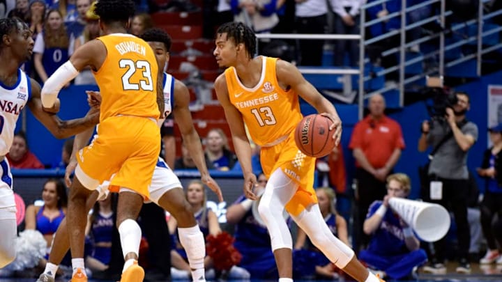 LAWRENCE, KANSAS - JANUARY 25: Jalen Johnson #13 of the Tennessee Volunteers in action agains the Kansas Jayhawks at Allen Fieldhouse on January 25, 2020 in Lawrence, Kansas. (Photo by Ed Zurga/Getty Images)