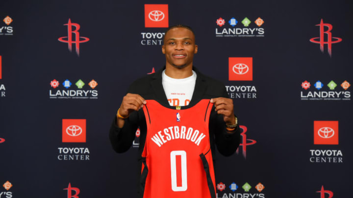 OKC Thunder former star Russell Westbrook now of the Houston Rockets returns to OKC January 9, 2020 (Photo by Bill Baptist/NBAE via Getty Images)