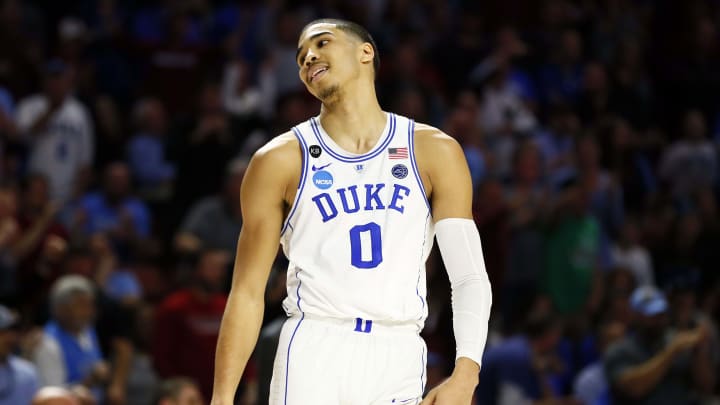 Mar 19, 2017; Greenville, SC, USA; Duke Blue Devils forward Jayson Tatum (0) reacts during the second half against the South Carolina Gamecocks in the second round of the 2017 NCAA Tournament at Bon Secours Wellness Arena. Mandatory Credit: Jeremy Brevard-USA TODAY Sports