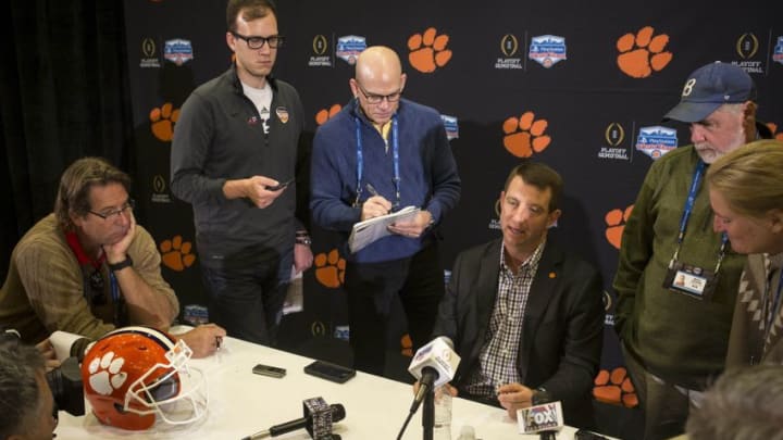 Dec 29, 2016; Scottsdale, AZ, USA; Clemson Tigers head coach Dabo Swinney answers questions during Fiesta Bowl media day at the Camelback Inn. Mandatory Credit: Mark Henle/The Arizona Republic via USA TODAY Sports