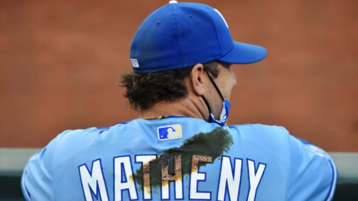 KANSAS CITY, MISSOURI - SEPTEMBER 26: Manager Mike Matheny #22 of the Kansas City Royals waits for the start of a game against the Detroit Tigers at Kauffman Stadium on September 26, 2020 in Kansas City, Missouri. The Royals honored Alex Gordon #4, who will retire from baseball at the end of the season, by wearing pine tar on the back of their jerseys. (Photo by Ed Zurga/Getty Images)