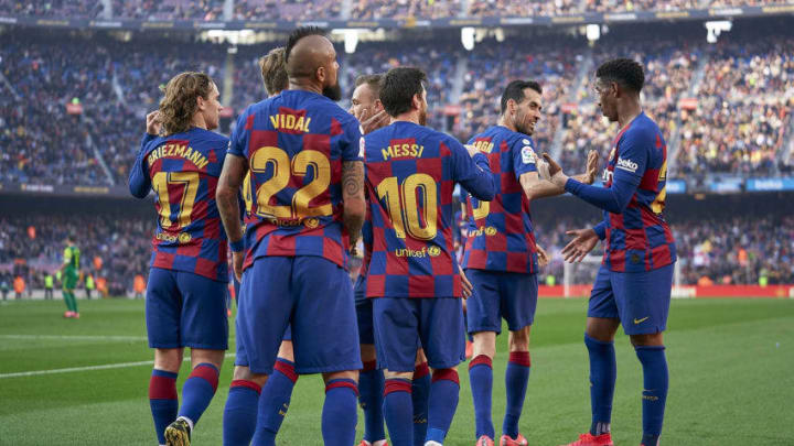 Barcelona players celebrate a goal. (Photo by Pedro Salado/Quality Sport Images/Getty Images)