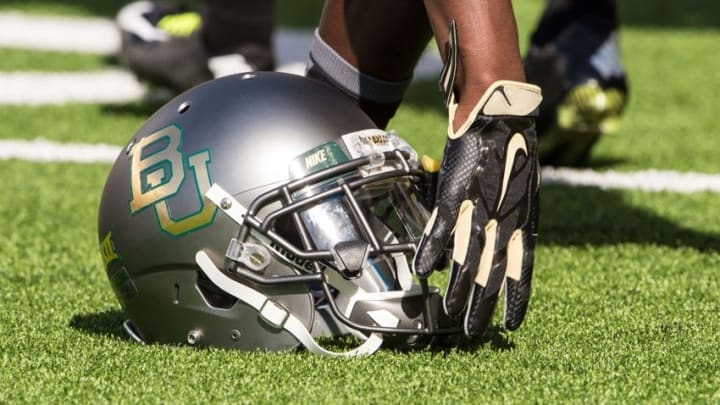 Oct 17, 2015; Waco, TX, USA; A detailed view of a Baylor Bears helmet before the game between the Bears and the West Virginia Mountaineers at McLane Stadium. The Bears defeat the Mountaineers 62-38. Mandatory Credit: Jerome Miron-USA TODAY Sports