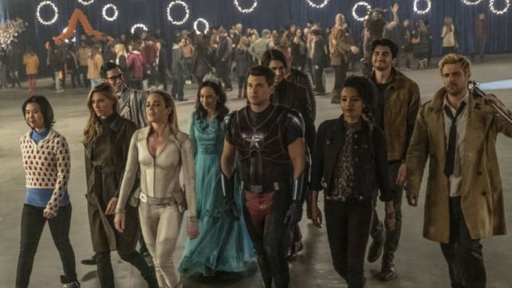 DC's Legends of Tomorrow -- "Hey, World!" -- Image Number: LGN416b_0392b.jpg -- Pictured (L-R): Ramona Young as Mona, Jes Macallan as Ava Sharpe, Adam Tsekhman as Agent Gary Green, Caity Lotz as Sara Lance/White Canary, Courtney Ford as Nora Darhk, Nick Zano as Nate Heywood/Steel, Brandon Routh as Ray Palmer/Atom, Maisie Richardson-Sellers as Charlie, Shayan Sobhian as Behrad and Matt Ryan as Constantine -- Photo: Katie Yu/The CW -- © 2019 The CW Network, LLC. All Rights Reserved.