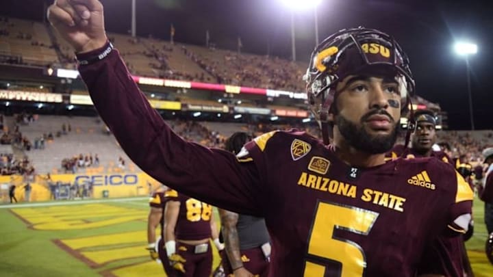 Sep 24, 2016; Tempe, AZ, USA; Arizona State Sun Devils quarterback Manny Wilkins (5) celebrates after defeating the California Golden Bears during the second half at Sun Devil Stadium. The Sun Devils won 51-41. Mandatory Credit: Joe Camporeale-USA TODAY Sports