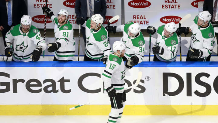 EDMONTON, ALBERTA - AUGUST 16: Joe Pavelski #16 of the Dallas Stars celebrates with his teammates after scoring a goal on Cam Talbot #39 of the Calgary Flames during the second period in Game Four of the Western Conference First Round during the 2020 NHL Stanley Cup Playoffs at Rogers Place on August 16, 2020 in Edmonton, Alberta, Canada. (Photo by Jeff Vinnick/Getty Images)