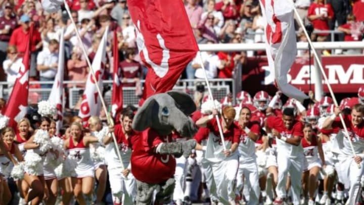 Oct 18, 2014; Tuscaloosa, AL, USA; Alabama Crimson Tide mascot Big Al brings his team onto the field prior to the game against the Texas A&M Aggies at Bryant-Denny Stadium. Mandatory Credit: Marvin Gentry-USA TODAY Sports