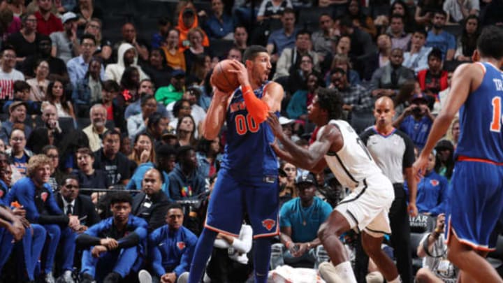 BROOKLYN, NY – OCTOBER 3: Enes Kanter #00 of the New York Knicks handles the ball against the Brooklyn Nets during a pre-season game on October 3, 2018 at Barclays Center in Brooklyn, New York. NOTE TO USER: User expressly acknowledges and agrees that, by downloading and or using this Photograph, user is consenting to the terms and conditions of the Getty Images License Agreement. Mandatory Copyright Notice: Copyright 2018 NBAE (Photo by Nathaniel S. Butler/NBAE via Getty Images)